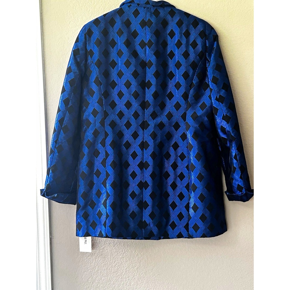 Nina McLemore Blue Black Geometric Button Front Jacket Pockets Silk Lined 10